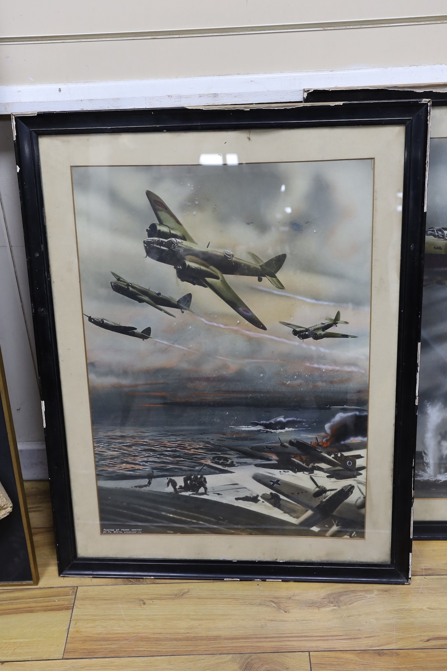 After Frank Wootton, pair of hand tinted photo-lithographs for the Bristol Aeroplane Company, Bristol Bombers in action, 70 x 51cm